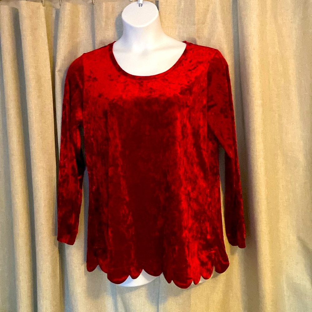 Velvet long sleeve scallop hem top